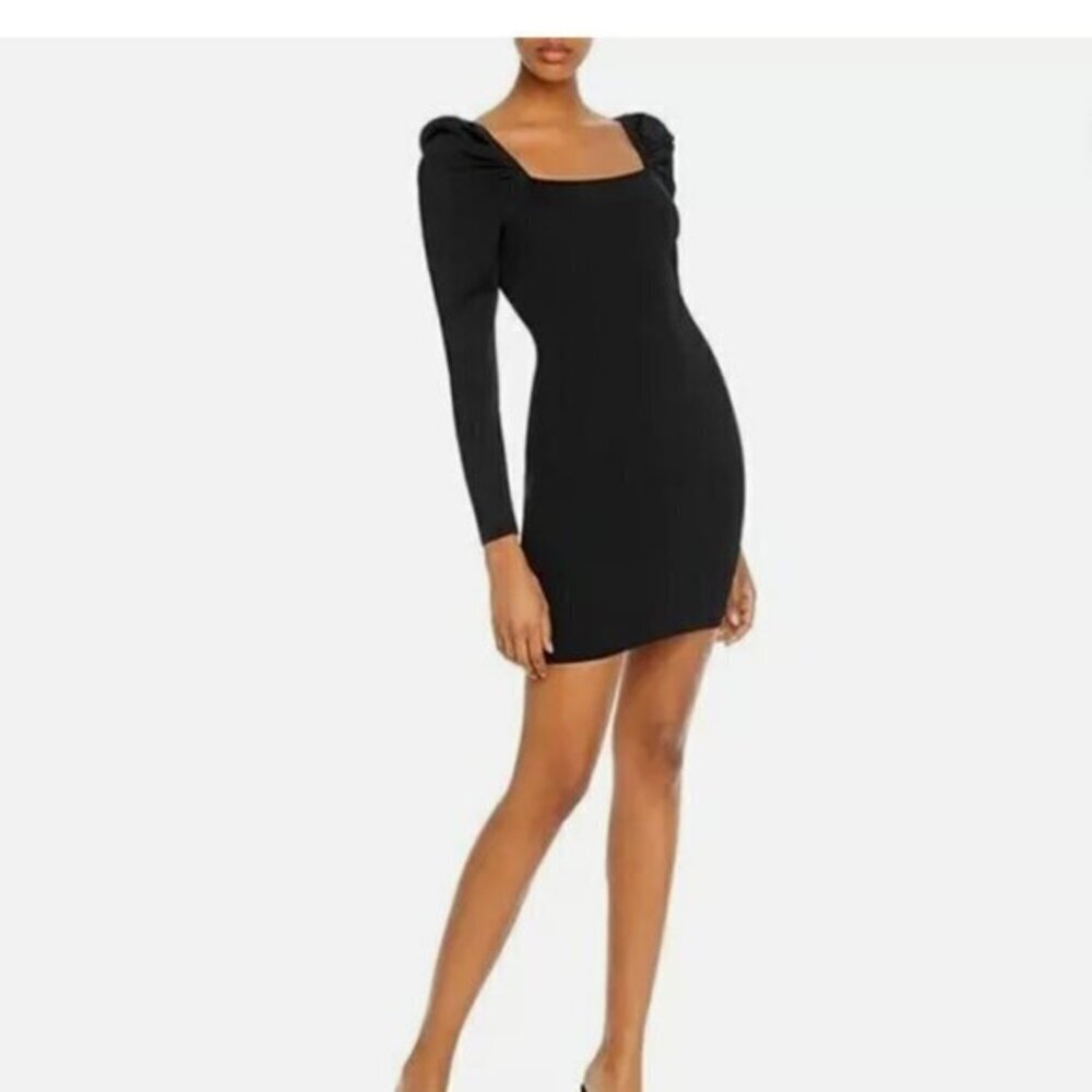 AQUA Long Puff Sleeve Bodycon Mini Cocktail Dress Black